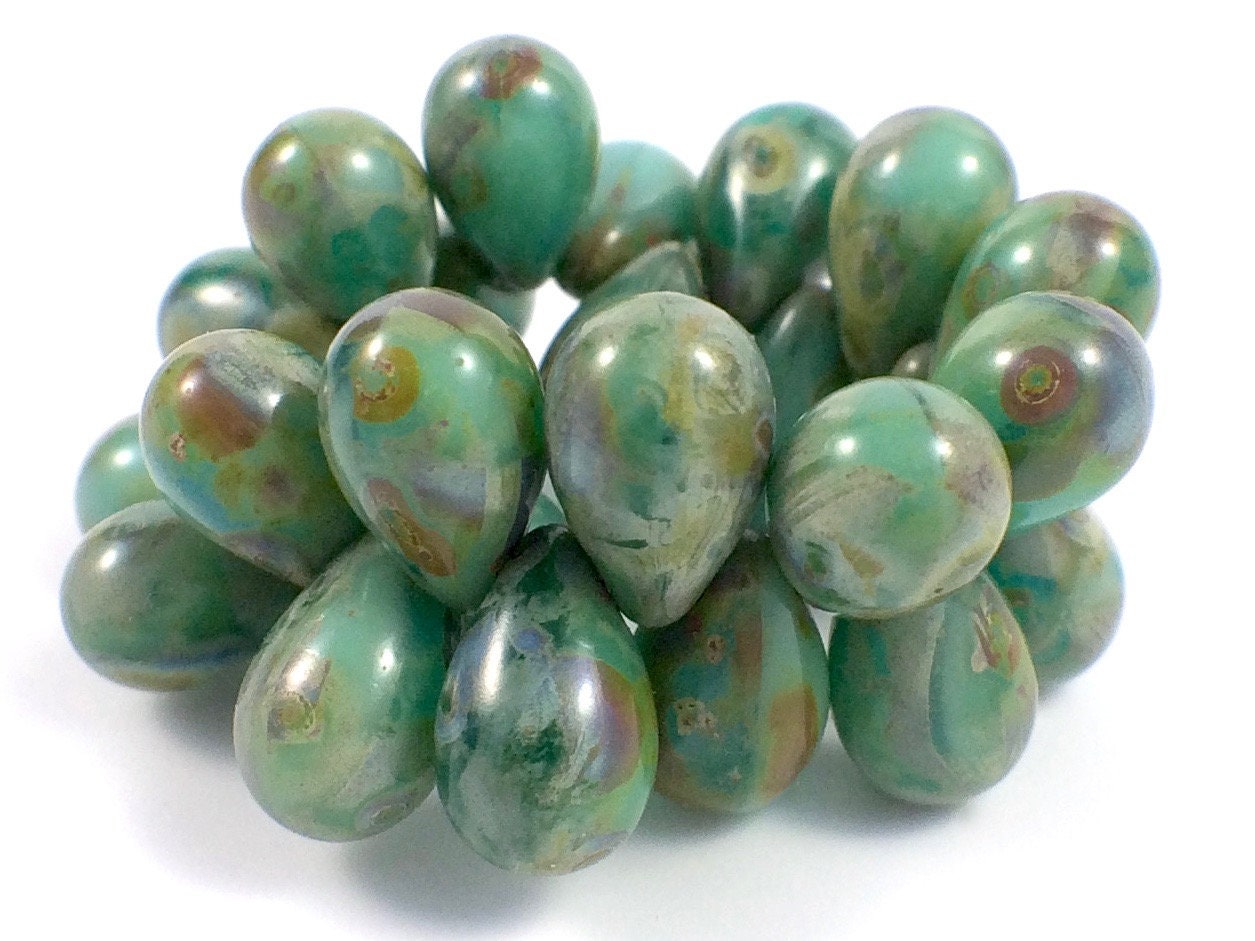 sea green beads, sandy brown mix beads, 5x7mm beads, teardrop beads, B'sue  Boutiques, Czech glass