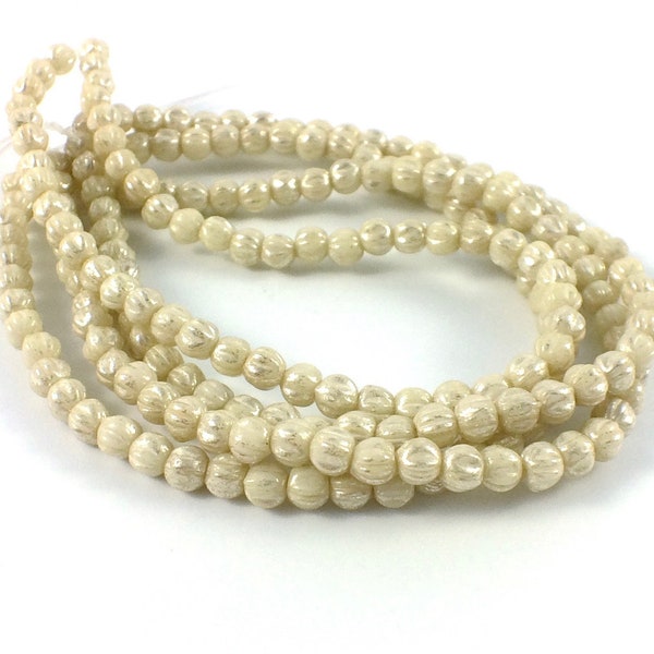 50 Pieces 3mm Melon Beads, Yellow Ivory With Mercury-Style Finish, Fluted, Corrugated Czech Glass Beads