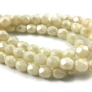 6mm Ivory Luster Faceted Round Fire Polished Beads, 25 Beads, Czech Glass