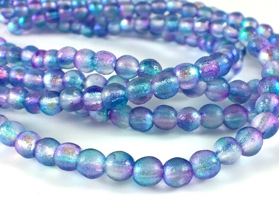 4mm Aqua Celestial Etched FinishRound Druk BeadsFull Strand of 50 Beads 