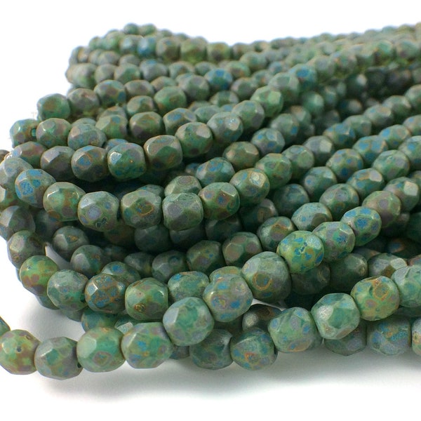 4mm Fire Polished Beads, Etched Green Blue Picasso, Strand of 50 pcs, Faceted Round Czech Glass Beads, Flat Rate Shipping