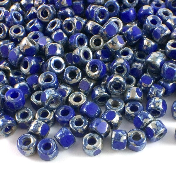 Matubo 6/0 3 Cut Seed Beads, Opaque Blue Rembrandt, 10 Grams, Blue Picasso, Rustic Czech Rocaille Seed Beads, Tri-Cut