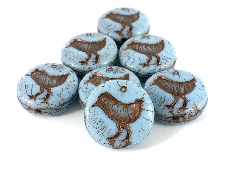 Bird Coin Bead 6 Beads Blue Turquoise with Dark Bronze Wash 12mm Czech Glass Beads