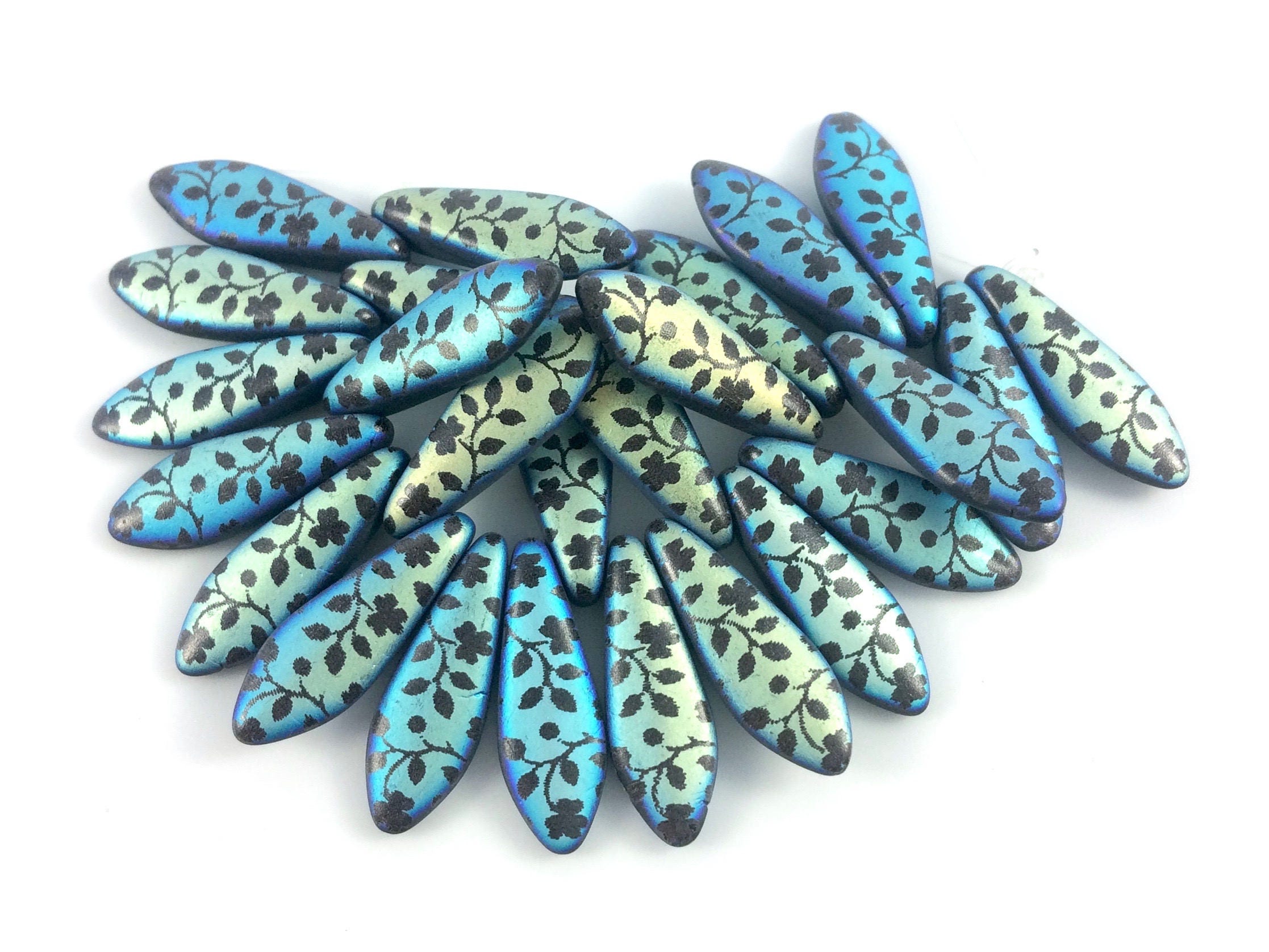 25 5x16mm Czech Glass Daggers Tanzanite Luster Iris