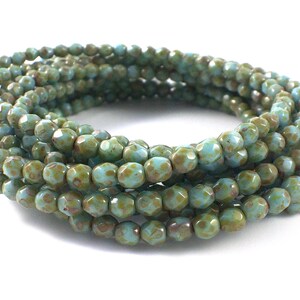 Medium Sky Blue Picasso 4mm Faceted Round Fire Polished Beads, Strand of 50 Beads, Czech Glass Beads