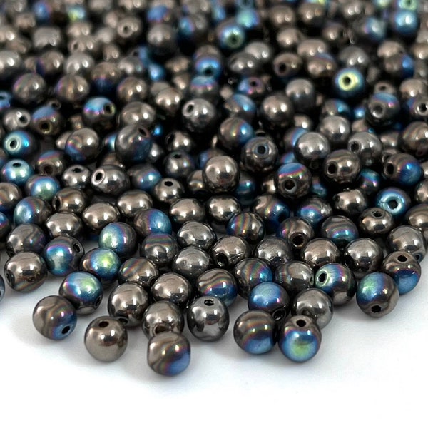 Crystal Glittery Graphite 4mm Round (Druk) Beads, 100 Beads, Czech Pressed Glass Druk Beads