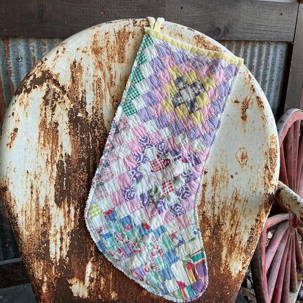 Handmade Vintage Quilt Stocking 17.5”Tx7”W