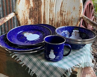 Blue Enamel Snowman Dishes - 9 PC. Set