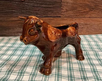 Vintage Dark Brown Bull Calf Creamer Ceramic 6.75”Tx4.75”W