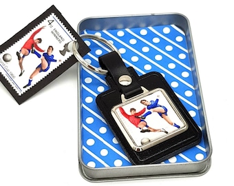 Football Keyring, World Cup Real Postage Stamp Keyring 1966. England Winners. British. Sport.