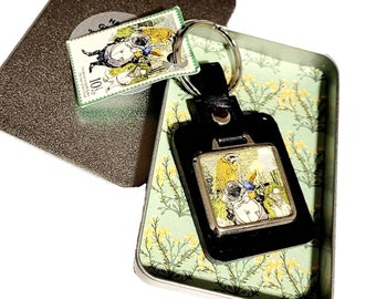 Wind in the Willows Postage Stamp Leather Keyring, keyfob with Toad, Badger, Ratty and Mole.