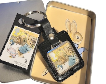 Vintage Peter Rabbit Leather Keyfob, Beatrix Potter Stamp  (1979)