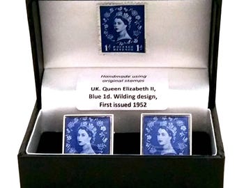 Real Postage Stamp Cufflinks - Queen Elizabeth II - British Royal. UK
