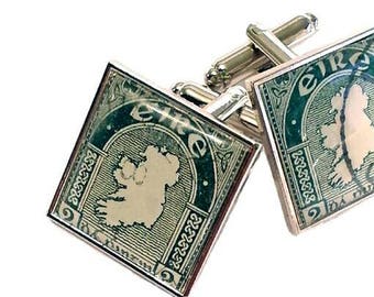 Eire - Ireland Map - Vintage Irish Stamp Cufflinks - Handmade - Gaelic
