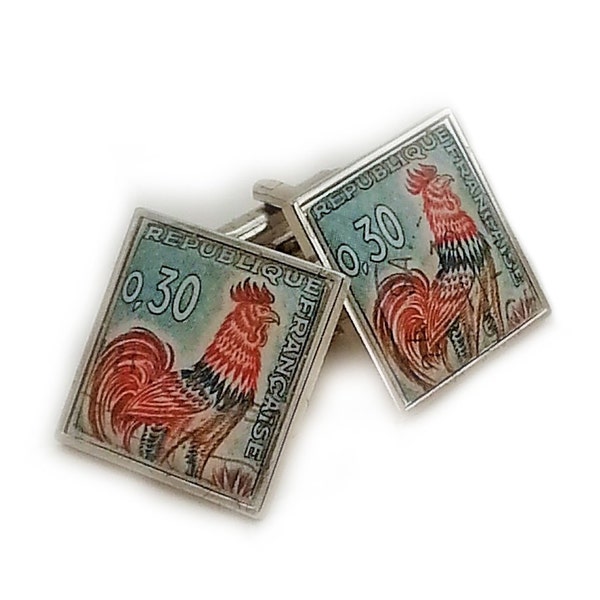 French Cufflinks Real Vintage Stamps - Cockerel - Rooster - Gallic  rance 1960s