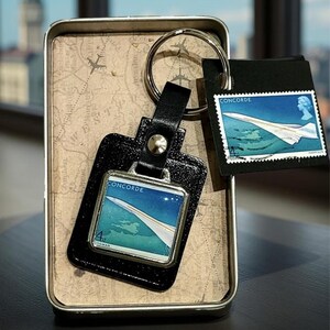 Concorde Real Stamp  Leather Keyfob, Supersonic Aircraft, Airplane 1969. Concord