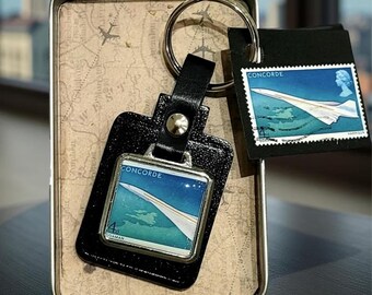 Concorde Real Stamp  Leather Keyfob, Supersonic Aircraft, Airplane 1969. Concord