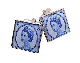 Queen Elizabeth II Stamp Cufflinks: Vintage UK Royal Jewellery