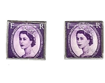 Queen Elizabeth II, Vintage Stamp Cufflinks, 1952, British Royal Family
