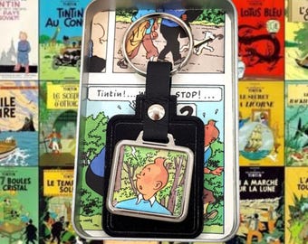 Tintin Comic Leather Keyfob. Tintin Keyring in Sliding Tin
