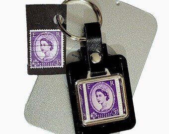 Queen Elizabeth II Postage Stamp Leather Keyfob. British Royal Keyring.