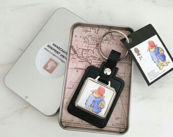 Paddington Bear Keyring. Real postage stamp leather keyfob.
