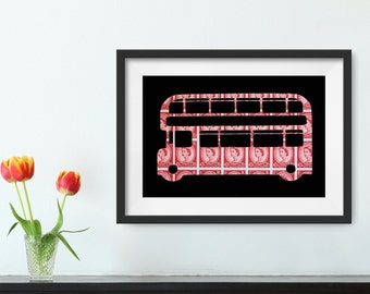 London Bus Wall Art, Queen Elizabeth II Real  British Postage Stamps,  Routemaster. UK.