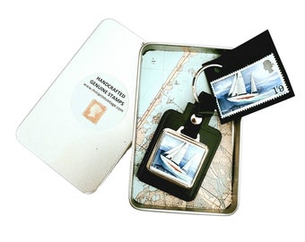 Sailing Boat Vintage Stamp Leather Keyfob. Nautical Gipsy Moth Keyfob.