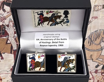 Battle of Hastings 1066 Vintage Stamp Cufflinks. 1960s. Bayeux Tapestry. British History. Handmade.