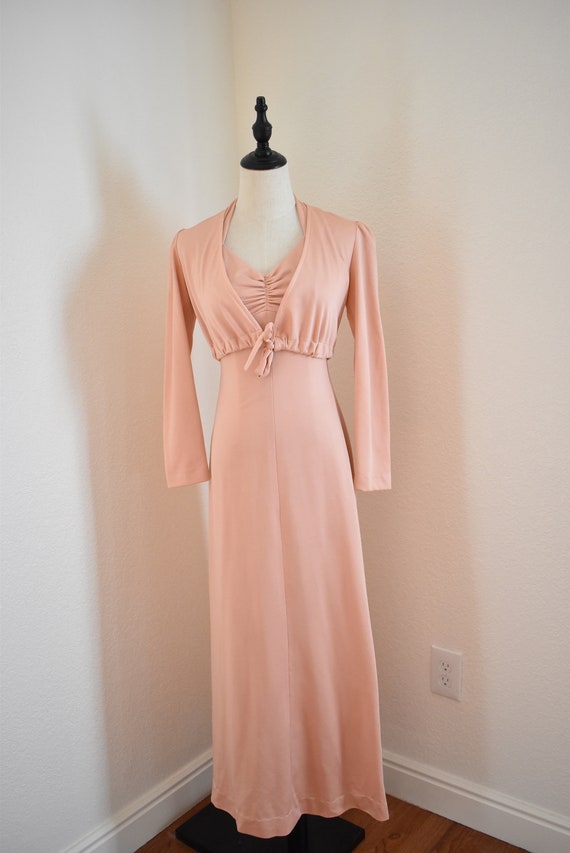 1970s vintage pale pink halter maxi with shrug