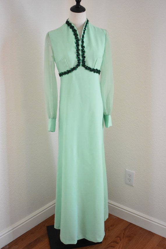 Vintage 1970s mint green maxi with sheer sleeves