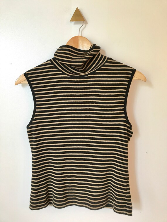 90s Brown + Black Ribbed Sleeveless Turtleneck Top
