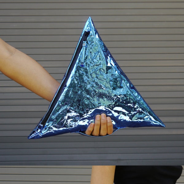 30% OFF - BLUE METALLIC clutch - triangle bag - electric blue - vegan metallic clutch - faux leather - futuristic - by SNAKESninja
