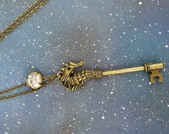 Seahorse Key Necklace / Key Jewelry / Gold Key Necklace / Seahorses / Bronze Key Necklace / Antique Key / Beach Necklace / Mermaid