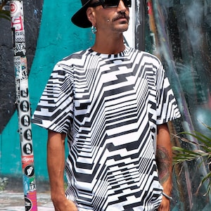T-shirt da uomo con stampa geometrica bianca, stile techno futuristico, moda da festival, maglietta da street wear, Frekuency, TUNKSA