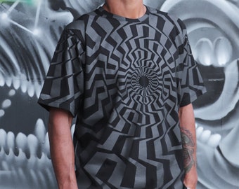 Camiseta con estampado geométrico serigrafiado, Ropa de verano para festival, Estilo techno futurista, Moda urbana street wear, Vortex, TUNKSA