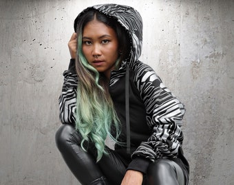 Sudadera con capucha para mujer, estampado geométrico, estilo urbano, moda festivalera, Storm, TUNKSA