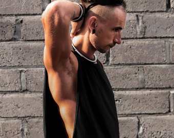 Men's open black tank top, Festival clothing, Futuristic techno style, Street wear fashion, Vaporz, TUNKSA