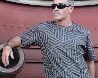 T-shirt gris imprimé motif géométrique pour homme, Style futuriste techno, Mode de festival, Tee-shirt street wear, Labyrinth, TUNKSA