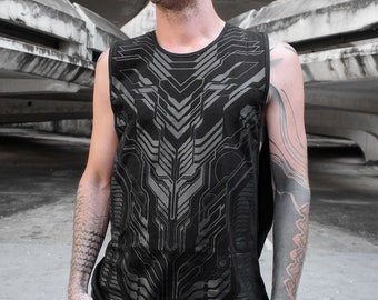 Tanktop mit geometrischem Muster, Festivalkleidung, futuristischer Techno-Stil, Streetwear-Mode, Cödex 3, TUNKSA