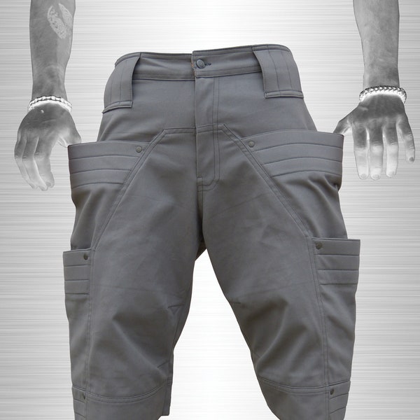 Graue Baggy-Herrenshorts, futuristische urbane Mode, Shorts mit Taschen, Streetwear-Kleidung, Invader, TUNKSA