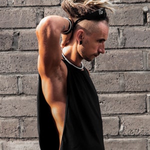 Men&#39;s black open tank top, Festival clothing, Futuristic techno style, Street wear fashion, Vaporz, TUNKSA