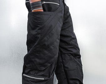 Black pants with zipped pockets, Futuristic techno style, Men's festival pants, Toolbox, TUNKSA