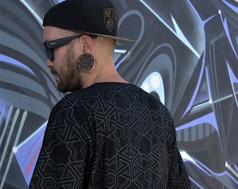 Camiseta negra para hombre con patrón geométrico, patrón techno futurista, moda de festival, camiseta street wear, Cubik, TUNKSA