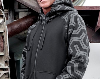 Hooded sweatshirt - zipped black hoodie - Warm vest for all season - Festival wear hooded top - geometric pattern printed - Rubber - TUNKSA