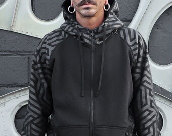 Zipped black hoodie - geometric printed pattern - warm clothing for festival - hooded sweatshirt street wear  - Labyrinth - TUNKSA