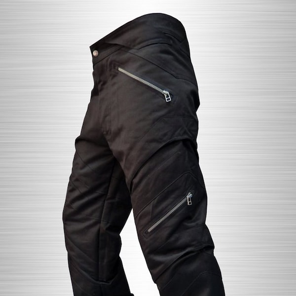 Pantalon noir avec poches zippées, Style futuriste, Vêtement technique résistant, Pantalon pour homme de festival, Triptyk, TUNKSA