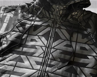 Sweat à capuche zippé - sérigraphié motif géométrique - poches latérales zippées - vêtement chaud pour festivals - Magnetix - TUNKSA