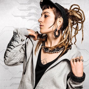 Zip-up hoodie - screen printed geometric pattern - zipped side pockets - warm festival clothing - Cödex II - TUNKSA