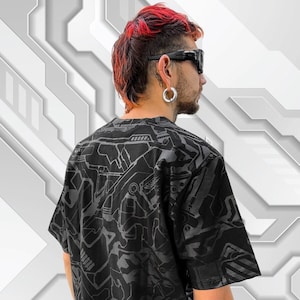 黒の幾何学模様メンズ T シャツ、エレクトロニック サイバーパンク、テクノ未来的なパターン、フェスティバル ファッション、ストリート ウェア T シャツ、サイバー、TUNKSA